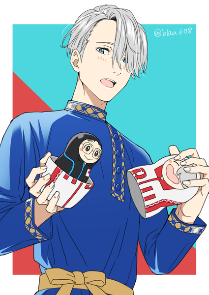 Anime picture 888x1254 with yuri!!! on ice mappa viktor nikiforov katsuki yuuri natsuko (bluecandy) single tall image looking at viewer blush fringe short hair open mouth blue eyes silver hair traditional clothes fingernails hair over one eye red background framed aqua background