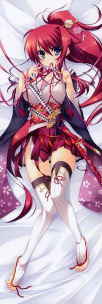 Anime picture 2129x6355 with appare! tenka gomen tokugawa yoshine katagiri hinata single long hair tall image looking at viewer blush highres breasts light erotic smile large breasts holding ponytail red hair lying japanese clothes barefoot on back