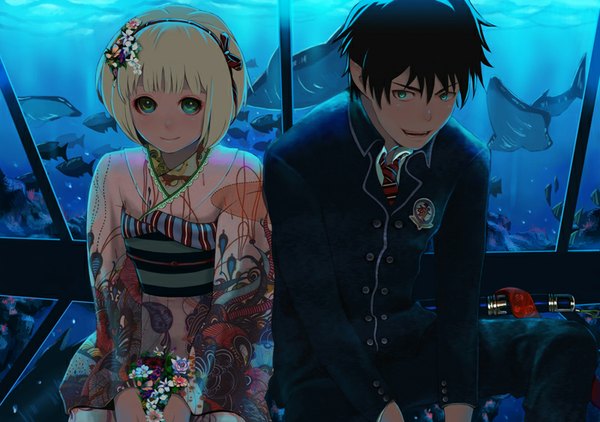 Anime picture 800x563 with ao no exorcist a-1 pictures okumura rin moriyama shiemi gustaffz looking at viewer blush fringe short hair blue eyes black hair blonde hair smile green eyes traditional clothes parted lips japanese clothes from above pointy ears girl