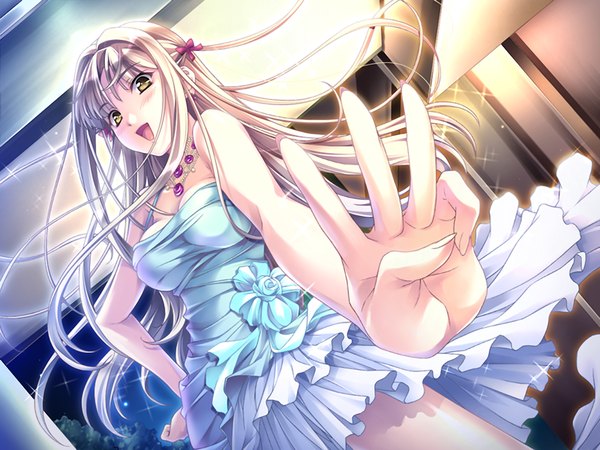 Anime picture 1024x768 with sekai de ichiban dame na koi (game) long hair looking at viewer open mouth blonde hair yellow eyes game cg fingernails happy girl dress bow hair bow necklace