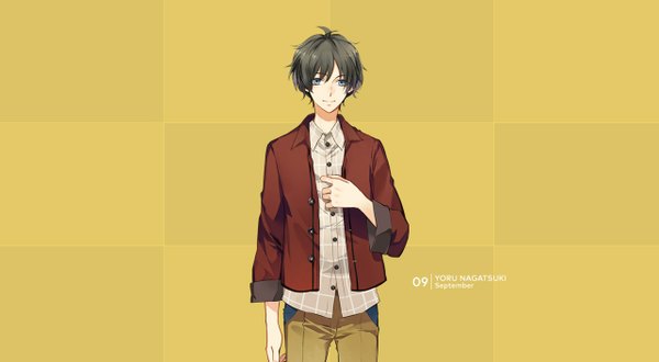 Anime picture 1282x706 with tsukiuta nagatsuki yoru tagme (artist) single short hair blue eyes black hair simple background brown hair wide image light smile open clothes open jacket official art character names yellow background twisty sleeves boy shirt jacket