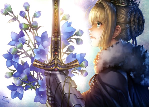 Anime picture 5949x4293 with fate/stay night studio deen artoria pendragon (all) saber hiroe rei long hair fringe highres blue eyes blonde hair holding absurdres braid (braids) profile light looking up alternate hairstyle girl gloves flower (flowers)