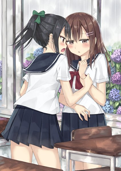 Anime picture 680x960 with original fupe (sealno108) long hair tall image blush fringe open mouth black hair brown hair multiple girls brown eyes ponytail pleated skirt grey eyes classroom girl skirt uniform flower (flowers) ribbon (ribbons)