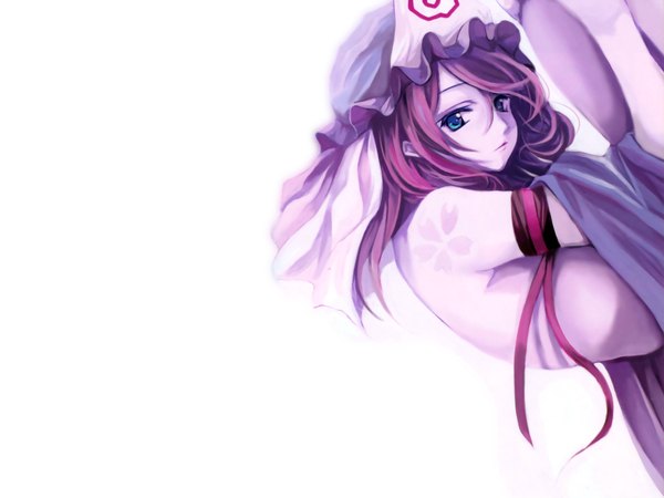 Anime picture 1600x1200 with touhou saigyouji yuyuko cradle (artist) blue eyes purple hair girl ribbon (ribbons) hat