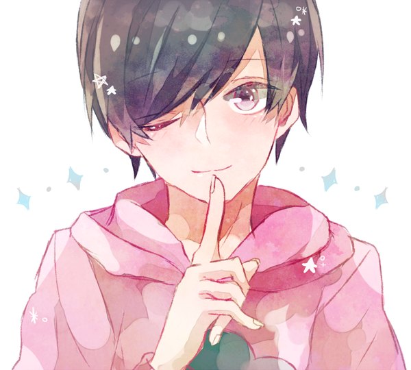 Anime picture 1000x900 with osomatsu-san matsuno todomatsu omamon single looking at viewer blush short hair black hair simple background white background one eye closed pink eyes light smile wink sparkle finger to mouth boy star (symbol) hood hoodie