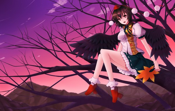 Anime picture 1935x1230 with touhou shameimaru aya furapechi (artist) single highres short hair open mouth black hair red eyes sitting sky evening sunset mountain girl skirt plant (plants) miniskirt wings tree (trees)