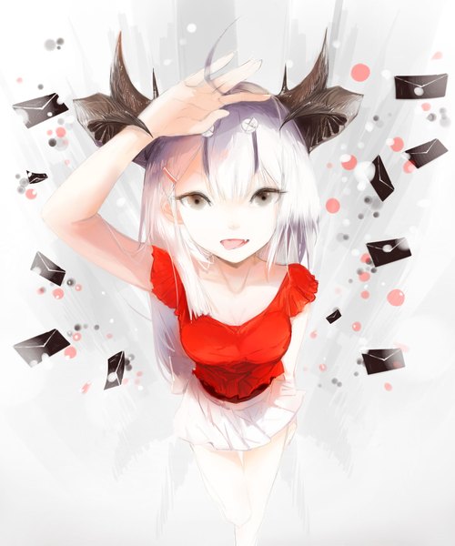 Anime picture 1634x1959 with original sa'yuki single long hair tall image looking at viewer fringe breasts open mouth purple hair ahoge pleated skirt arm up horn (horns) from above teeth short sleeves grey eyes fang (fangs) hand on head
