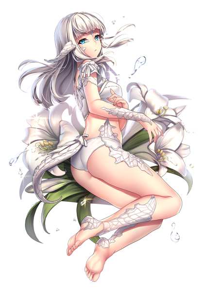 Anime picture 558x800 with final fantasy final fantasy xiv square enix au ra aruma jiki single long hair tall image looking at viewer fringe light erotic simple background white background silver hair full body bent knee (knees) ass tail blunt bangs barefoot