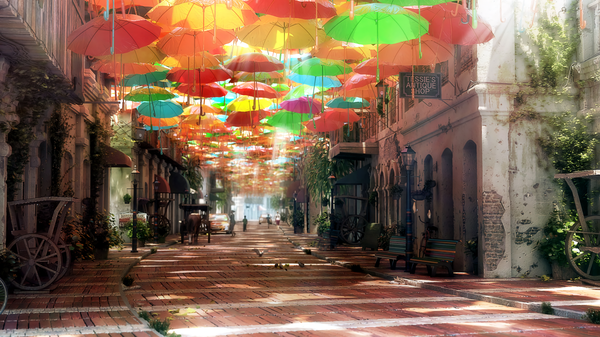 Anime picture 1920x1080 with original murad abujaish highres wide image sunlight blurry scenic street 3d plant (plants) animal bird (birds) building (buildings) umbrella ground vehicle car bench road people lamppost