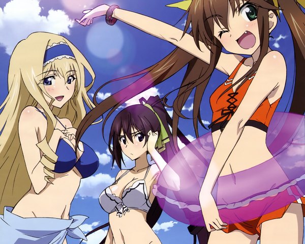 Anime picture 4000x3200 with infinite stratos 8bit cecilia orcott shinonono houki fang linyin long hair blush highres breasts open mouth light erotic black hair blonde hair smile brown hair purple eyes twintails multiple girls green eyes absurdres