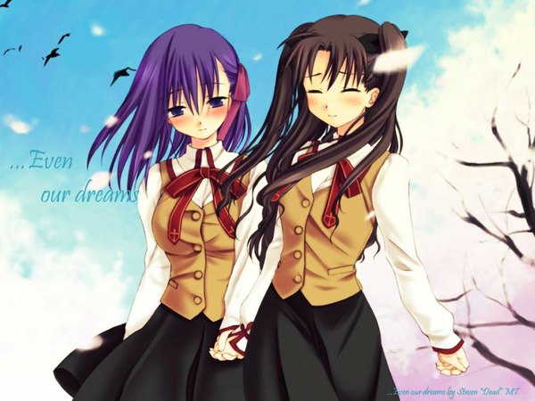 Anime picture 1024x768 with fate (series) fate/stay night studio deen type-moon toosaka rin matou sakura long hair blush black hair purple eyes multiple girls purple hair eyes closed light smile wind two side up holding hands girl uniform bow