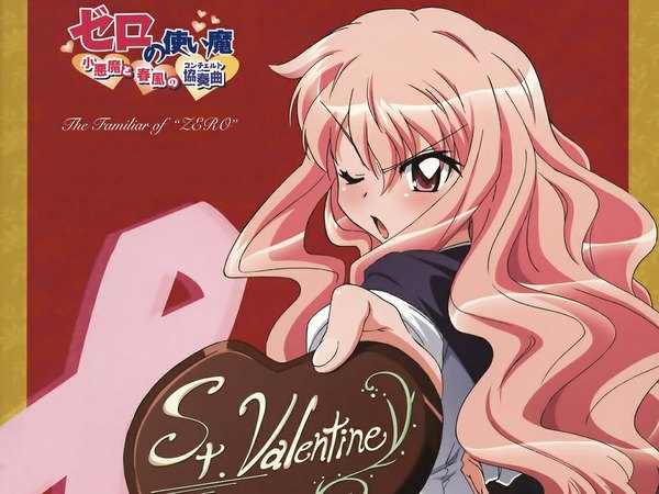 Anime picture 1024x768 with zero no tsukaima j.c. staff louise francoise le blanc de la valliere long hair pink hair one eye closed pink eyes wink official art wallpaper valentine tsundere food sweets chocolate