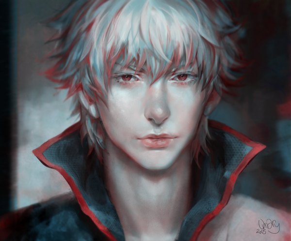Anime picture 5051x4200 with gintama sunrise (studio) sakata gintoki tashami single looking at viewer fringe highres short hair red eyes signed absurdres upper body multicolored hair lips realistic dated eyebrows spiked hair boy