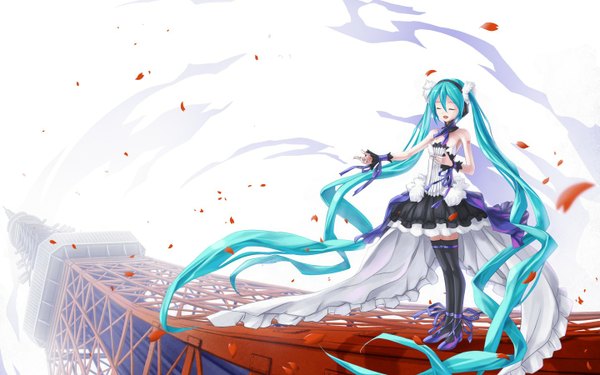 Anime picture 1440x900 with 7th dragon vocaloid hatsune miku r.p.s single open mouth wide image twintails bare shoulders eyes closed very long hair girl thighhighs dress black thighhighs petals