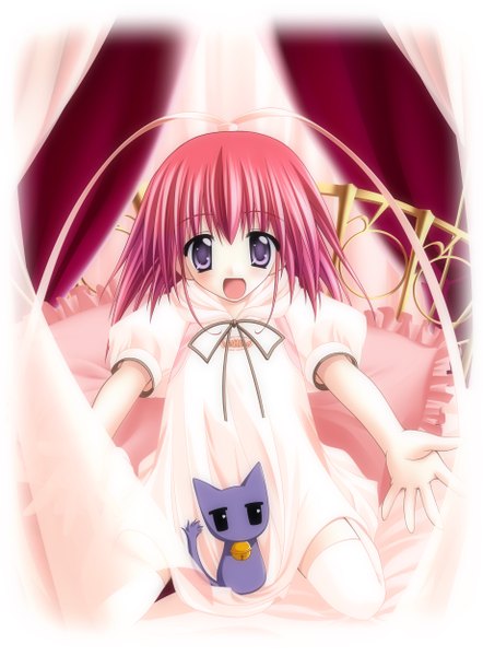 Anime picture 1843x2500 with sayorana etranger kisaragi haruka amane sou tall image highres short hair open mouth sitting purple eyes red hair girl thighhighs ribbon (ribbons) bow hair ribbon animal white thighhighs pillow bed cat