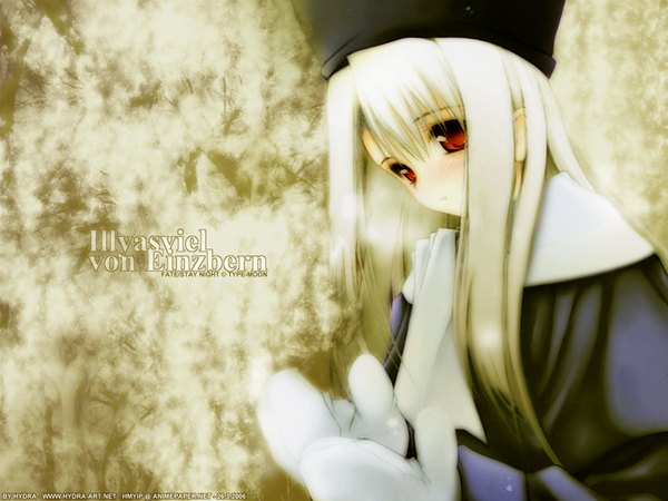 Anime picture 1600x1200 with fate (series) fate/stay night studio deen type-moon illyasviel von einzbern single long hair blush red eyes white hair blurry inscription fur hat girl hat cap winter clothes mittens