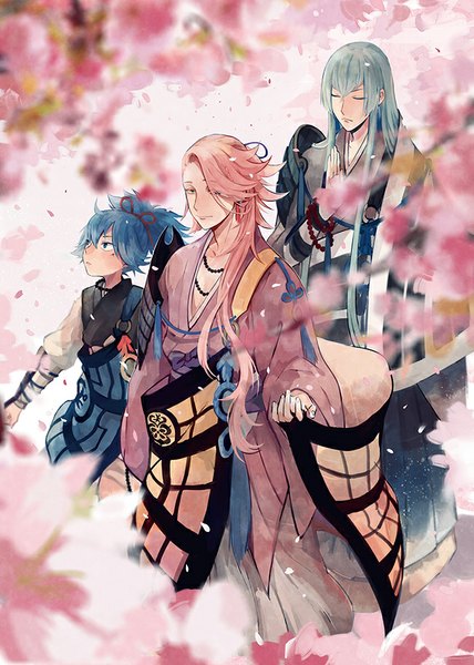 Anime picture 650x910 with touken ranbu nitroplus sayo samonji kousetsu samonji souza samonji ayame (artist) long hair tall image looking at viewer fringe smile blue hair looking away pink hair outdoors ponytail eyes closed traditional clothes japanese clothes from above