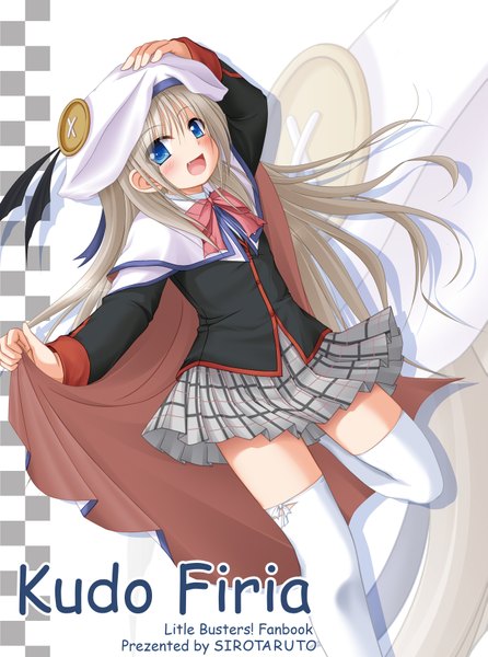 Anime picture 2694x3627 with little busters! key (studio) noumi kudryavka mizunoe kotaru long hair tall image blush highres open mouth blue eyes white hair teeth loli fang (fangs) girl thighhighs skirt miniskirt white thighhighs beret