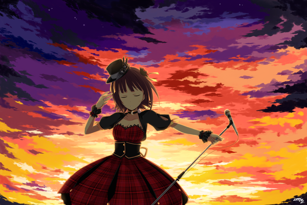 Anime picture 1500x1000 with idolmaster amami haruka sente single short hair brown hair cloud (clouds) eyes closed hair flower evening sunset girl dress hair ornament hat collar microphone