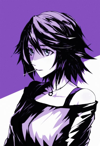 Anime picture 617x900 with rosario+vampire shirayuki mizore arsenixc single tall image fringe short hair breasts blue eyes simple background hair between eyes white background bare shoulders looking away from above monochrome portrait eyebrows purple background girl
