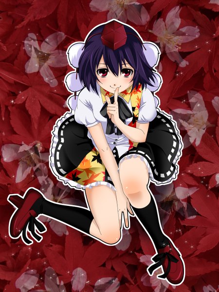 Anime picture 1200x1600 with touhou shameimaru aya e-megu (artist) single tall image short hair smile red eyes purple hair girl