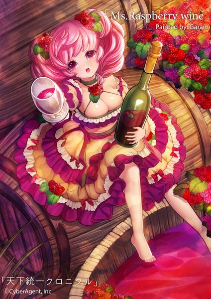 Anime picture 2894x4093 with original garam single long hair tall image looking at viewer highres open mouth twintails pink hair cleavage pink eyes barefoot girl dress food fruit bottle berry (berries) wine glass
