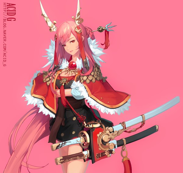 Anime picture 2568x2430 with original acid g single looking at viewer highres simple background red eyes pink hair very long hair pink background girl hair ornament weapon sword katana
