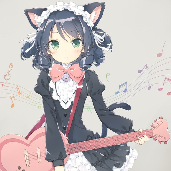 Anime picture 1000x1000 with show by rock!! studio bones cyan (show by rock!!) strawberry heart kani biimu single blush fringe short hair black hair simple background smile standing holding green eyes animal ears tail animal tail cat ears cat girl
