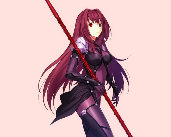 Anime picture 3656x2925 with fate (series) fate/grand order type-moon scathach (fate) (all) scathach (fate) fuyuki (neigedhiver) single long hair looking at viewer fringe highres breasts simple background red eyes standing absurdres red hair torn clothes girl weapon