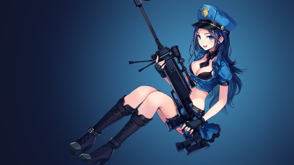 Anime picture 3840x2160 with league of legends caitlyn (league of legends) officer caitlyn momoko (momopoco) assassinwarrior single long hair looking at viewer highres blue eyes light erotic simple background smile wide image sitting holding blue hair absurdres purple hair full body