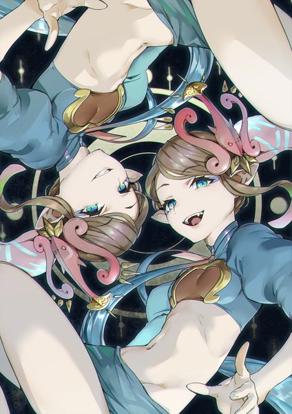 Anime picture 700x991 with granblue fantasy manawydan (granblue fantasy) mikurou (nayuta) tall image fringe breasts open mouth blue eyes smile multiple girls payot :d pointy ears teeth fang (fangs) puffy sleeves gradient background groin on side siblings