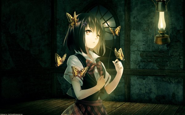 Anime picture 1920x1200 with fatal frame amakura mio pure-poison89 single fringe highres short hair open mouth black hair standing indoors night dark background looking up girl skirt hair ornament shirt hairclip bowtie