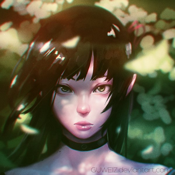 Anime picture 900x900 with guweiz single long hair fringe black hair bare shoulders green eyes lips portrait face girl