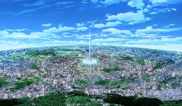 Anime picture 2020x1180 with reminiscence tomose shunsaku highres wide image game cg sky cloud (clouds) city cityscape tower