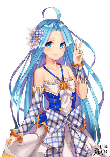 Anime picture 1500x2121 with granblue fantasy lyria (granblue fantasy) ato (haru ato) single long hair tall image looking at viewer blush blue eyes simple background white background blue hair ahoge victory kimi to boku no mirai girl dress detached sleeves