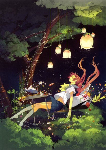 Anime picture 2103x2988 with original rozer single long hair tall image blush highres open mouth twintails pink hair eyes closed orange hair night night sky sleeping weightlessness music girl skirt uniform