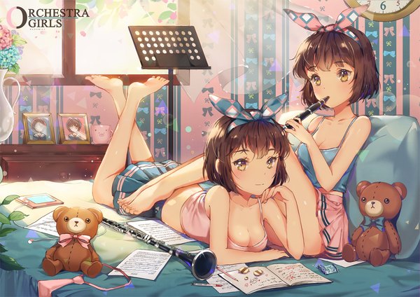 Anime picture 1300x919 with original dangmill looking at viewer blush short hair breasts light erotic brown hair multiple girls brown eyes barefoot arm support crossed legs legs up girl skirt bow 2 girls hair bow miniskirt