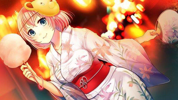 Anime picture 1280x720 with ayame no machi to ohimesama kazuharu kina single looking at viewer blush short hair breasts blue eyes smile wide image large breasts pink hair game cg traditional clothes japanese clothes mask on head girl food sweets kimono