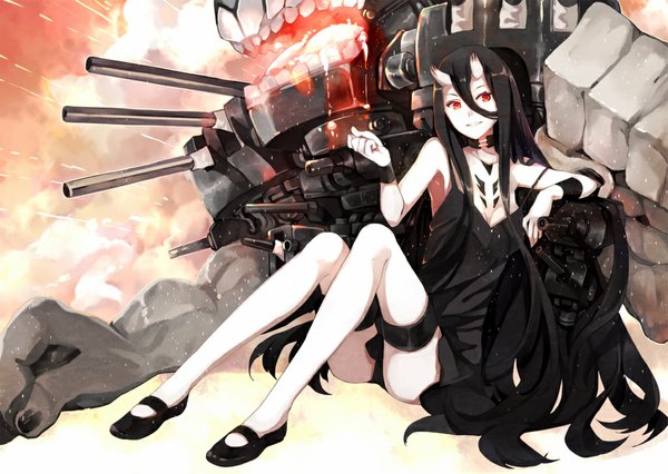 Anime picture 1020x725 with kantai collection battleship-symbiotic hime hao (patinnko) single long hair fringe breasts open mouth light erotic black hair smile hair between eyes red eyes large breasts sitting looking away cleavage bent knee (knees) horn (horns) pantyshot