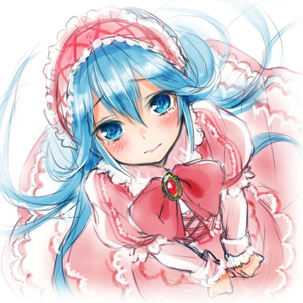 Anime picture 1000x1000 with vocaloid hatsune miku yamori (stom) single long hair looking at viewer blush blue eyes hair between eyes white background blue hair from above tears lacing girl dress bow frills headdress teardrop