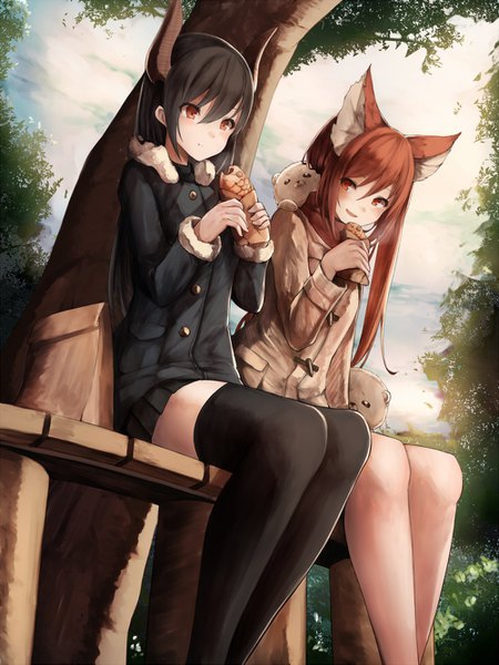 Anime picture 1000x1333 with shingeki no bahamut cerberus (shingeki no bahamut) forte (shingeki no bahamut) snm (sunimi) long hair tall image blush fringe open mouth black hair hair between eyes brown hair sitting multiple girls holding brown eyes animal ears looking away outdoors pleated skirt