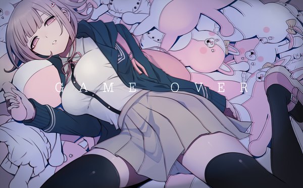 Anime picture 1928x1200 with dangan ronpa super dangan ronpa 2 nanami chiaki monomi harano single looking at viewer highres short hair brown hair wide image lying pink eyes girl thighhighs skirt uniform black thighhighs school uniform toy