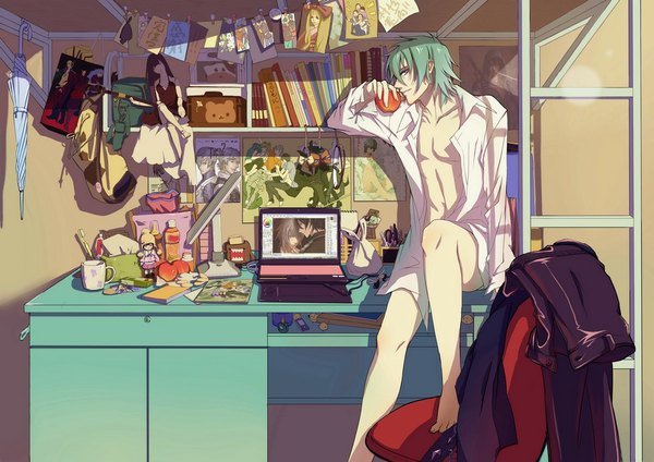 Anime picture 1000x707 with togainu no chi nitro+chiral shiki (tnc) akira (tnc) looking at viewer short hair light erotic sitting green eyes green hair open clothes open shirt muscle shounen ai boy shirt book (books) umbrella bag fruit