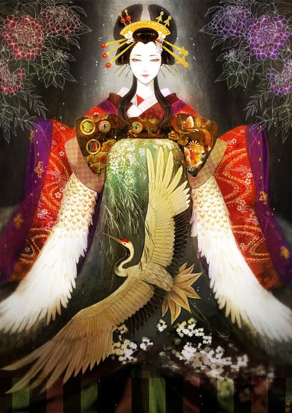 Anime picture 849x1200 with original uraki (tetsu420) single tall image looking at viewer short hair standing green eyes long sleeves traditional clothes japanese clothes grey background wide sleeves lipstick spread arms flying eyeshadow red lipstick makeup animal print