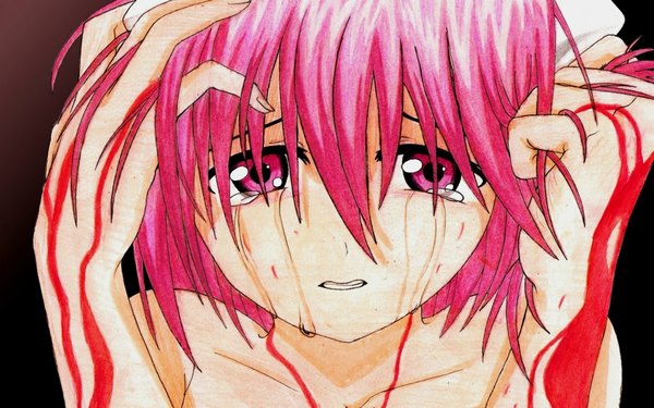 Anime picture 1131x707 with elfen lied arms corporation nana (elfen lied) single looking at viewer short hair wide image pink hair pink eyes tears hand on head crying scared horror girl blood