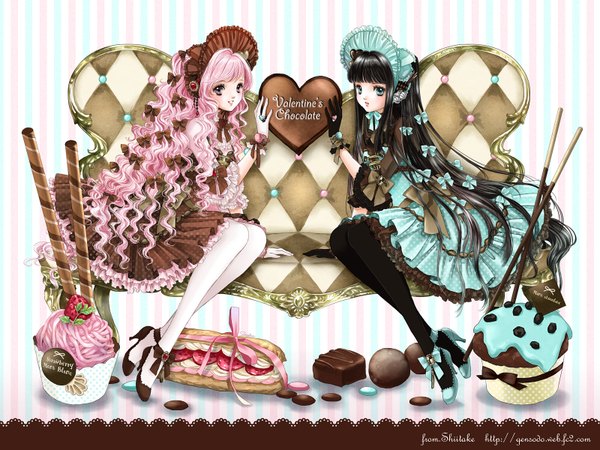 Anime picture 1600x1200 with original shiitake (gensoudou) long hair looking at viewer fringe black hair smile bare shoulders multiple girls pink hair happy valentine girl dress gloves hair ornament bow ribbon (ribbons) 2 girls hair bow