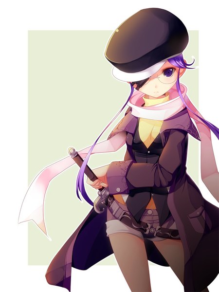 Anime picture 750x1000 with original koflif single long hair tall image looking at viewer purple eyes purple hair girl weapon sword glasses shorts scarf beret eyepatch coat