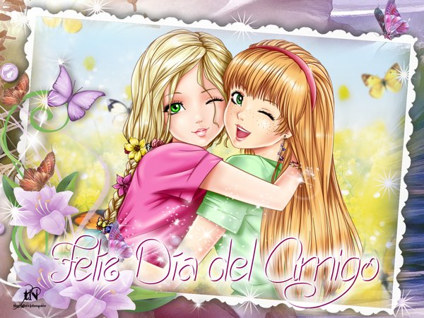 Anime picture 2393x1795 with canvas of life (manga) original martina (thenightwishmaster) francisca (canvas of life) thenightwishmaster long hair looking at viewer highres open mouth blonde hair smile multiple girls green eyes one eye closed lips wink orange hair freckles girl flower (flowers)