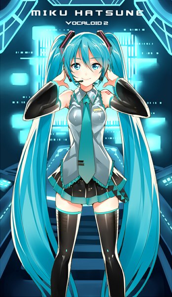 Anime picture 660x1135 with vocaloid hatsune miku senri gan single tall image looking at viewer blush smile twintails bare shoulders very long hair aqua eyes aqua hair girl thighhighs black thighhighs detached sleeves headphones
