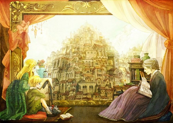 Anime picture 1000x709 with original com kom long hair short hair blue eyes blonde hair sitting profile grey eyes kneeling old woman girl dress boy bow shorts boots pillow rose (roses) book (books)